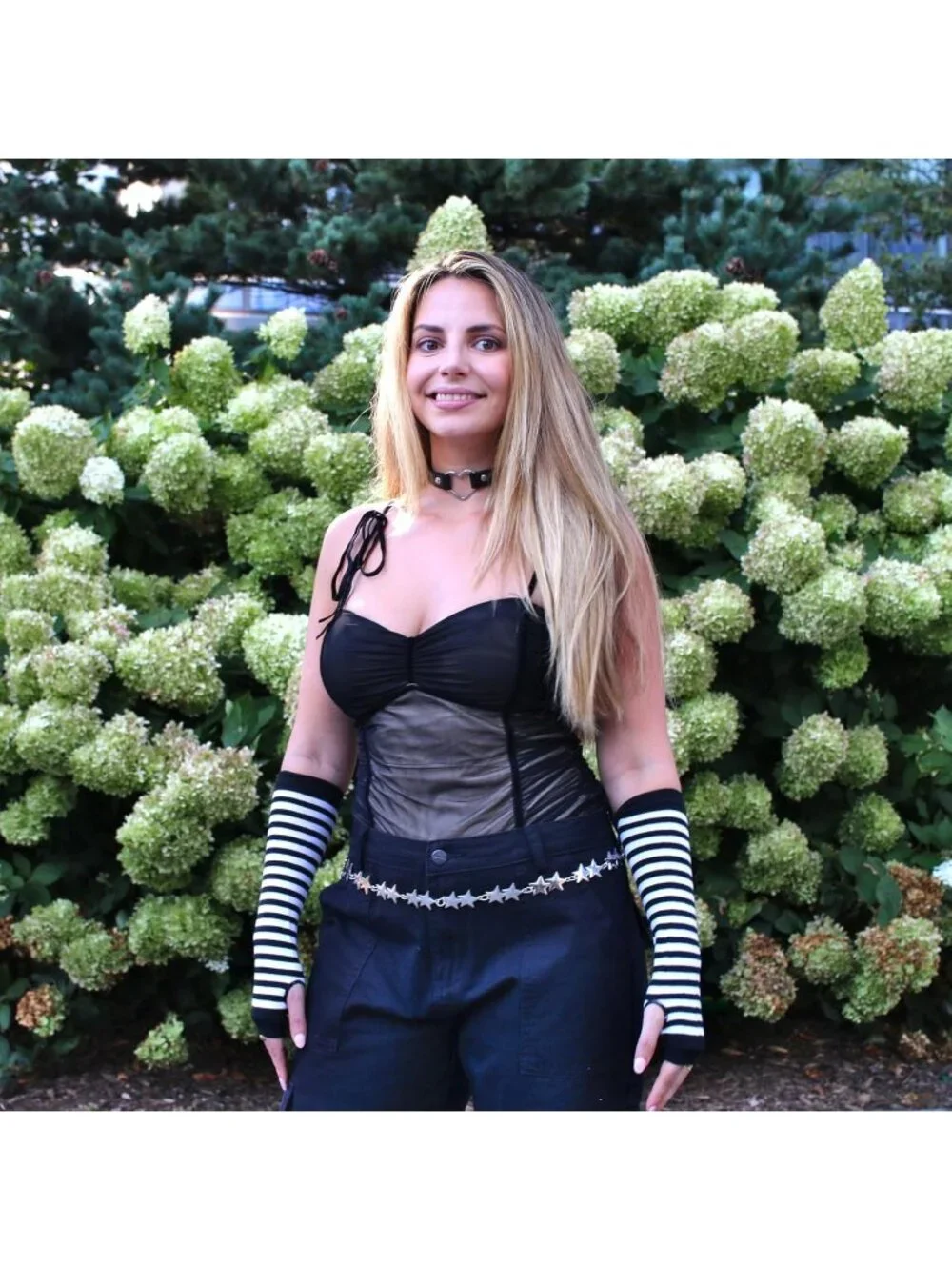 Women's Black and white Striped Arm Warmers Fingerless Gloves Y2K Gothic Cosplay